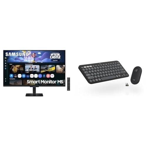 Samsung 32" (80cm) M5 Smart Monitor with Smart TV Experience|FHD 1920 x 1080|Screen Mirroring TV Plus|Speakers|Adaptive Sound|Wi-Fi|HDMI|Bluetooth + Logitech Pebble 2 Combo Wireless Keyboard and Mouse