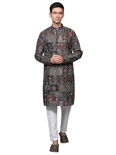 Exotic India Multicolor Thread Embroidered Floral Motifs and Sequins work Georgette Kurta with Cotton Pajama | Ethnic Party Wear Kurta Pajama Combo Set for Men