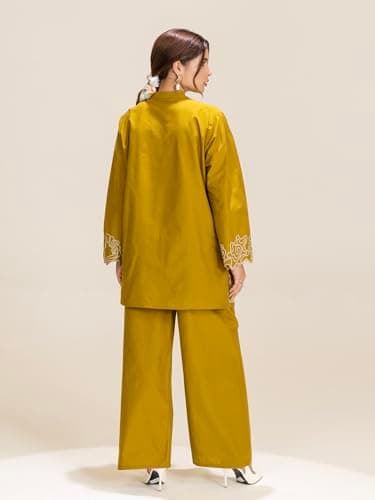 TITTLI Women Pure Cotton Embroidered Co-ord Set | Mandarin Collar Tunic & Trouser Set with Star Stitch Work | Full Sleeves | Regular Fit | Side Pocket | M to XXL 3