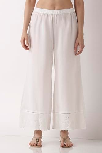 Biba Women White Cotton Flared Palazzos_L 2