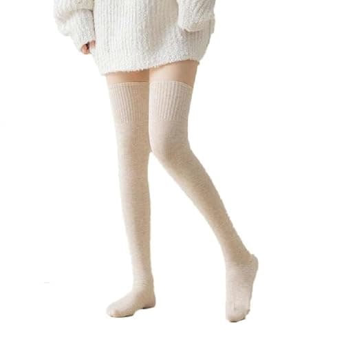 AVNISH Thigh High Socks for Women - Fluffy Over Knee Fuzzy Warm Extra Long Soft Compression Leg Stocking Casual Warmers Warm Thermal Wool Over Knee Winter Socks, Stretchy Cotton Blend Socks (Beige)
