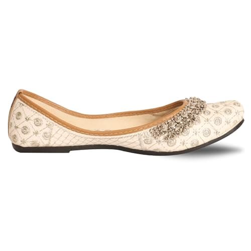 DFR Women Rajasthani Ethnic Embroidery with Payal Punjabi Mojari's Jutti’s, Color - Cream, UK Size - 9 4