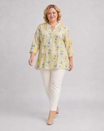 9 Impression Women's Rayon All-Over Printed Mandarin Collar Regular Fit Longline Plus Size Top | Oversized Stylish (in, Alpha, 3XL, Plus, Yellow) 3