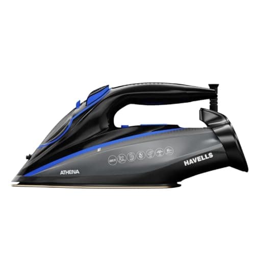 Havells Athena 3000 W Steam Iron with Smart i Sense Technology(No Fabric Burn), 2X Auto Shut Off, Vertical, Horizontal Ironing, Anti Drip, Self-Cleaning&Anti Scale Technology. (Black Blue), 3000 Watts 2