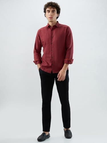 Park Avenue Men Slim Fit Solid Pattern Linen Cotton Blend Semi Cutaway Collar Full Sleeve Casual Shirt Red 5