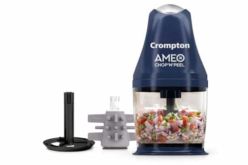 Crompton Ameo Chop'N'Peel Vegetable Chopper - 300W Motor | Twin S Shaped Ninja Food Grade Blades | 800ml See Through Food Grade Bowl | Garlic Peeler | Whisking Attachment | Easy Clean & Store
