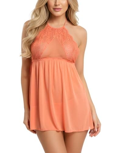 Xs and Os Women Lingerie Mini Lace Babydoll Nightwear Mesh Sleepwear (g-String Panty) (Small, Peach)