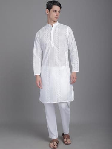 Majestic Man Men Cotton Regular Fit Embroidered Ethnic Motifs Double Plaket Kurta (White, Small) 2