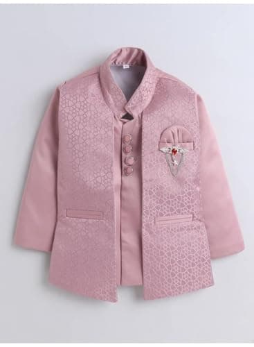 Boys Traditional 2 Piece Jodhpuri Suit Set with Long Sleeve, Cotton Blend Wedding Ethnic Dress, Button Closure, Hand Wash Only, for Kids (Pink, 4-5 Years) 2