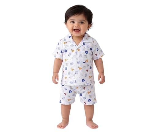 Unisex Baby Cotton Night Suit Set – Soft Printed Half Sleeve Shirt & Shorts Sleepwear for Boys & Girls (9-12 months), Lightweight Summer Nightwear, Comfortable Kids Loungewear