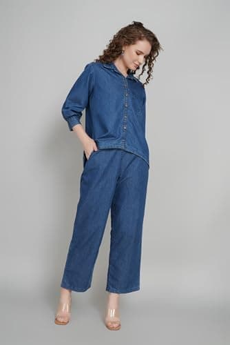 CREATIVE KURTI PALACE Blue Denim Co-ord Set for Women – Top & Bottom Combo | Mandarin Collar Kurta with Pants – Everyday Comfort | (IN, Alpha, 2XL, Regular, Denim Blue) 5