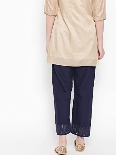 Vastraa Fusion Straight Regular Fit Stylish Solid Cotton Embroidered Lace Palazzo or Bottoms for Women's and Girls (VASTRAATS0130) Navy Blue 2