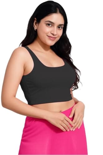 XOLANI Women’s Stylish Ribbed Sleeveless Lycra Stretchable Readymade Crop Tank Top Cami Blouse for Girls 2VX34 1044 M BLK Black 3