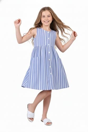 Cloth Bites Girls' Summer Cotton Striped Sleeveless A-Line Dress – Casual Button-Down Frock with Pockets Knee-Length Sundress for Kids Light Blue