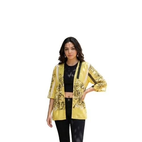DRESSITUDE Women’s Yellow Printed Kimono Shrug | Open Front Cardigan | Boho Casual Layer | Beachwear Cover-Up for Women-S