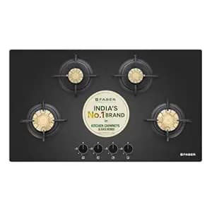 Faber 4 Burner 78Cm HOB |Auto Ignition| HOB PRIME HT784 CRS BR CI AI |Metal Knobs| Cast Iron Pan Support|HOB/Cooktop Hybrid|Black Glass Finish |5 Yrs Warranty On Glass,Valve & 2 Yrs On Burner