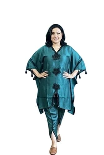 Women's Fusion Coord Set – Premium Kaftan Top with Handwork & Tassel Details and Lace Tulip Pants – Chic Ethnic Indo-Western Outfit for Parties & Festive Occasions (Standard, Ocean Blue, XL) 4