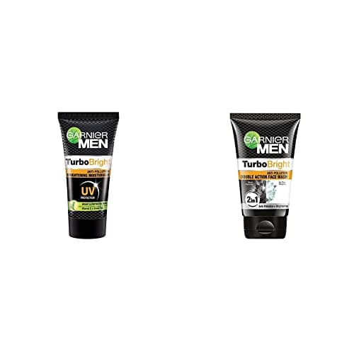 Garnier Men Power White Anti-Pollution Brightening Cream Moisturiser,40G & Men, Face Wash, Brightening & Anti-Pollution, Turbobright Double Action, 100 G