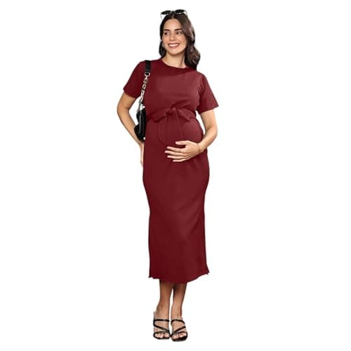 MomToBe Women's Bodycon Calf Length Polyester Maternity Dress for Pre and Post Pregnancy (Aesthetic Maroon ; X-Large)