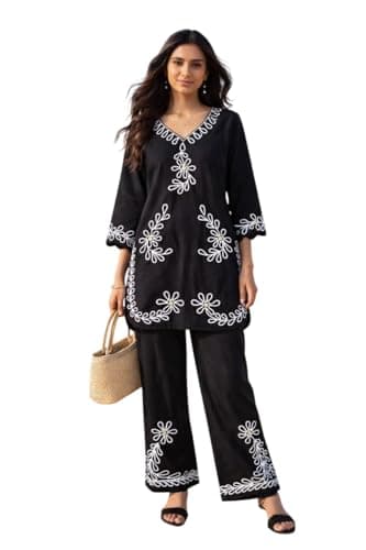 Co Ord Set for Women Stylish Pure Rayon Long Sleeves Mandarin Neck Floral Print Western Cot, Wear as Office Coat, Travel Coord (IN, Alpha, M, Regular, Women, Black)