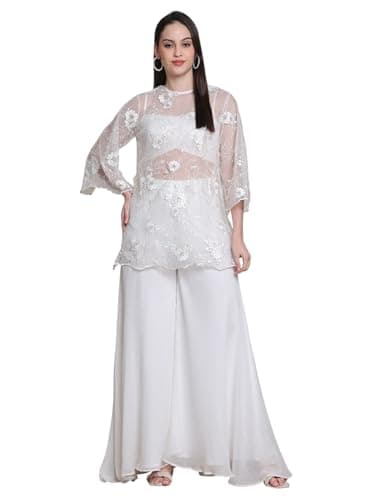 Inara, Relaxed Fit embroided Net Indo western Kurta set (White)