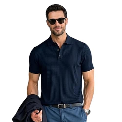 Men’s Ribbed Polo T-Shirt Premium Cotton Blend Stretch Fabric Stylish Slim Fit Casual & Formal Wear Half Sleeve Collar T-Shirt for Men (in, Alpha, L, Regular, man, Blue)