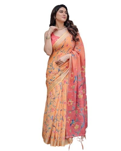 Kaugalian store Linen Cotton Floral Printed Peach Saree For Women With Unstitched Blouse Piece