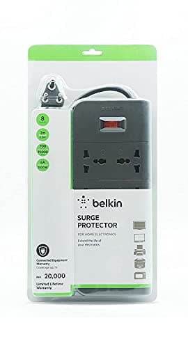 Belkin 8-Socket Extension Board with Surge Protector Universal Socket with 6.5Ft (2-Meter) Heavy Duty Cable Overload Protection, Comes with 5 Years Manufacturer Warranty, Grey Color, 220 Volts 2