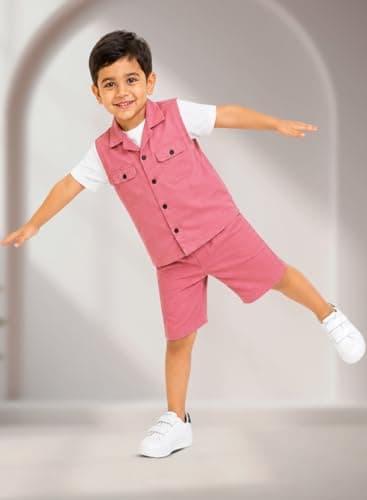 3BROS Kids Cotton Shirt Shorts Set for Boys Kids Clothing/Boys Clothing Set (Party/Festive) Wear (Pink, 2-3 Years) 3