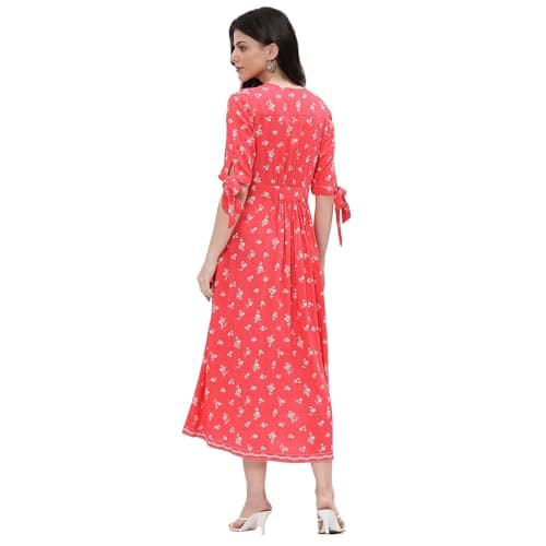 Rangriti Women Coral Viscose Rayon Flared Dress_46 4