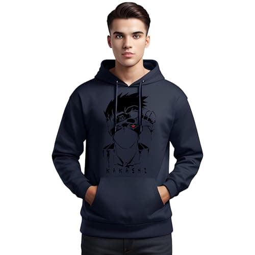 KHAKEY Men Fleece Hoodie | Anime Naruto Kakhashi Face Printed Trendy Stylish Hoodies | Best Winter Wear Sweatshirt With Hood (In, Alpha, Small, Regular, Navy_0801)