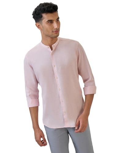 Raymond Men Regular Fit Chambray Pattern Cotton Linen Blend Mandarin Collar Full Sleeve Casual Shirt (Size: 42)-RCSM01923-R4
