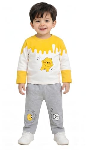 RIZZQ Kids Full Sleeves Summer Round Neck Dress for Boys | Lightweight Cotton Boys Clothing Set | Breathable Top & Bottom Set for Kids | Comfortable Regular Fit (0–5 Years) (DANCING BEAR, 1-2 Y)