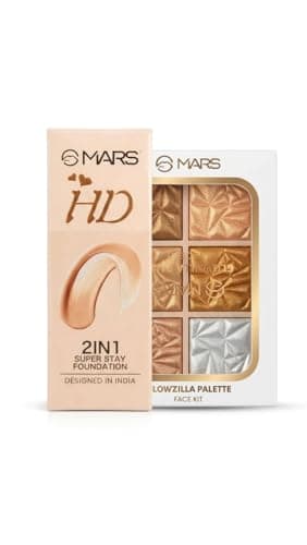 Ultimate Glow Makeup Combo - 2-in-1 HD Super Stay Foundation, Glowzila 6-Shade Highlighter Face- Long Lasting, Full Coverage Professional Makeup Set (Highlighter & HD 2in1)