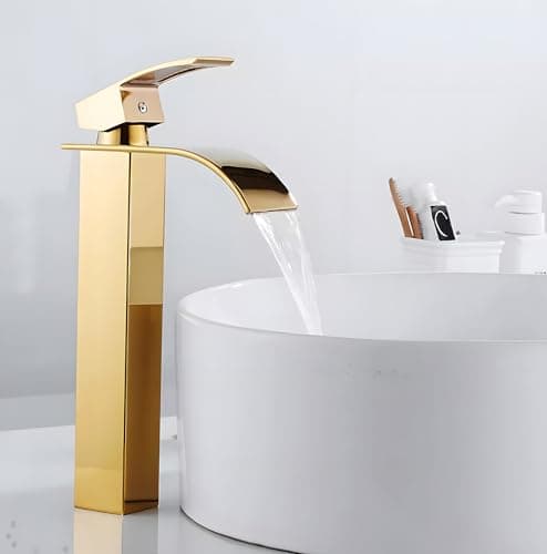 24x7 eMall Gold Waterfall Basin Tap Faucet MixerFor Bathroom Toilet Wash Basins Hot and Cold Water Golden Colour 12 Inch Height