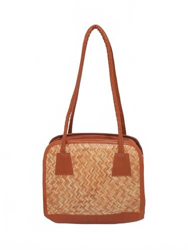 Exotic India Modern Ethnic Bamboo Shoulder Bag Lightweight Hand-Woven Bag with Leather Accents and Dual Zip Purse for Women's