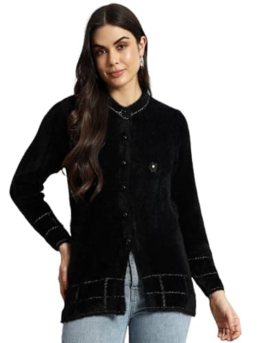 eWools Woolen Fullsleeves Cardigans Sweater for Women (Black, Large)