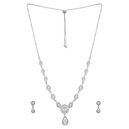 Nilu's Collection Stylish 18k Rose Gold Plated American Diamond Chain Pendent Necklace & Earrings Set for Women | Luxury AD Pendant Gift Set for Women (Premium Set 1) (Rhodium Plated)