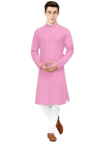 CRYSTAL REVENUE Men's Solid Full Sleeve Cotton Regular Kurta With Pyjama (Color :-Pink) Size :-38 2