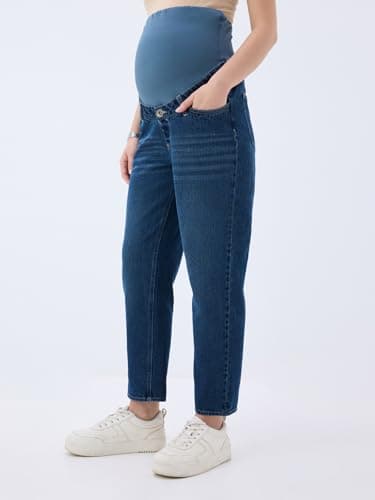 Maternity Denim Jeans for Women | Over The Bump Stretchable Belly Panel | Comfortable Pregnancy Wear | Regular Fit Casual Jeans (in, Alpha, L, Regular, Denim Blue) 4