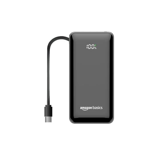 Amazon Basics Power Bank, 10000mAh, 35W Nano, Built-in Type C Cable, 2 Ports - Metallic Silver