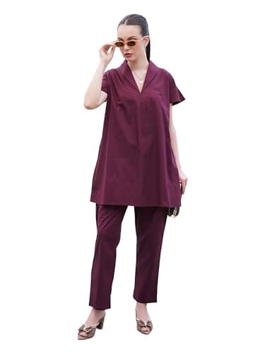 TITTLI Women Solid Cotton V-Neck Collared Tunic & Trouser Co-Ord Set for Women | Short Sleeves & Elasticed Waistband Bottom | Casual Wear Outfit | L, XL, XXL, 3XL Wine