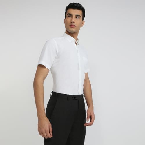 Raymond Men Regular Fit Chambray Pattern Cotton Linen Blend Button Down Collar Half Sleeve Casual Shirt (Size: 42)-RCSI01923-W0 2