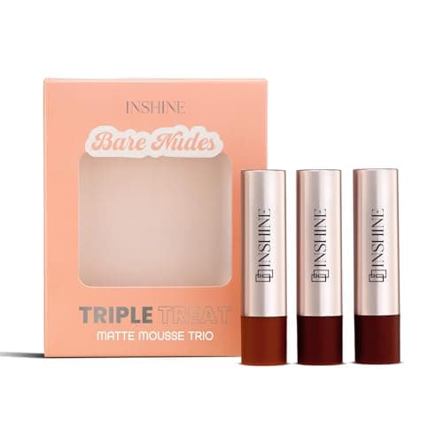 INSHINE Triple Treat Matte Mousse Trio | Ultra-Light, Richly Pigmented Lipstick Set of 3 | Soft Matte, Long-Lasting & Non-Drying | Weightless Comfort | Vegetarian & Cruelty-Free (02 Bare & Nudes)