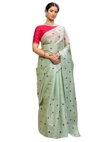 SIRIL Women's Pongal Special Cotton Silk Embroidery With Tassels Saree With Unstitched Blouse Piece (4955S282_Mint Green)