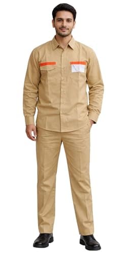 Pragati Textile Men's Indane Uniform for Petrol Pump Ideal Uniform for Workers & Daily Labor Use, Full Sleeves, Khaki in Color (Size - L)