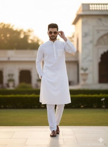 Aaryavar White Men's Khadie Cotton - Kurta Pyjama Set - Holi Festival Special (XL) 4
