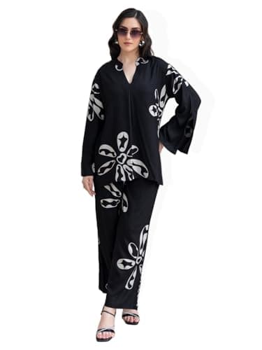 TITTLI Women's Rayon Printed Tunic and Trousers Co-Ord Set (Black, L)