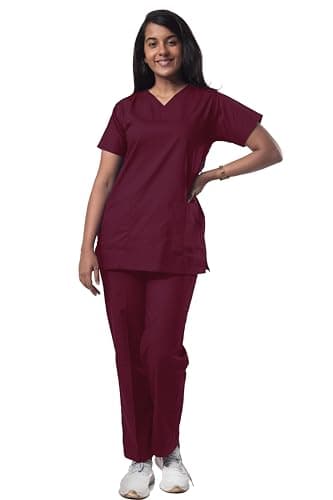 Uniform Craft Women’s 4 Pocket Scrub Suit Set | Medical Uniform | Cross V-Neck Poly Cotton | Short Sleeve Hospital Wear | Ideal for Doctors & Nurses (Burgundy, XL)