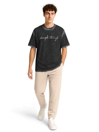 BULLMER Trendy Co-ords with Oversized T-Shirt & Pants Clothing Set for Men | Cotton Blend Cord Set for Men Denim Black/Beige Medium